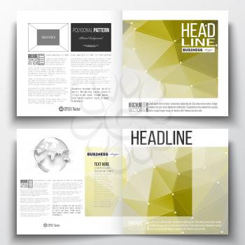 Set of annual report business templates for brochure, magazine, flyer or booklet. Molecular construction with connected lines and dots, scientific pattern on abstract yellow polygonal background, mode