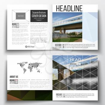 Set of annual report business templates for brochure, magazine, flyer or booklet. Colorful polygonal background, blurred image, urban scene, modern stylish triangular vector texture.