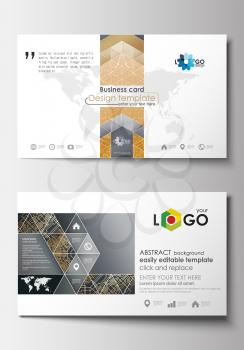 Business card templates. Cover design template, easy editable blank, abstract flat layout. Golden technology background, connection structure with connecting dots and lines, science vector