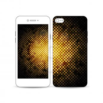 Mobile smartphone with an example of the screen and cover design isolated on white background. Abstract polygonal background, modern stylish square design golden vector texture.
