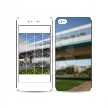 Mobile smartphone with an example of the screen and cover design isolated on white background. Colorful polygonal background, blurred image, urban scene, modern stylish triangular vector texture.