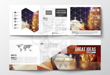 Vector set of tri-fold brochures, square design templates with element of world map. Colorful polygonal background, blurred image, night city landscape, festive cityscape, triangular vector texture.