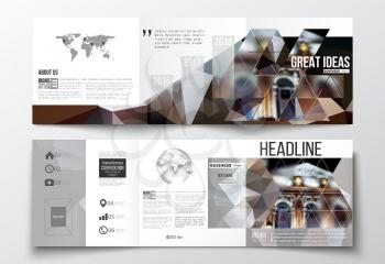 Vector set of tri-fold brochures, square design templates with element of world map and globe. Colorful polygonal background, blurred image, night city landscape, modern triangular vector texture.