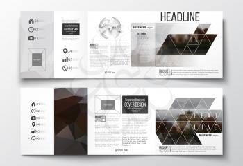 Vector set of tri-fold brochures, square design templates with element of world globe. Polygonal background, blurred image, urban landscape, Paris cityscape, modern triangular vector texture