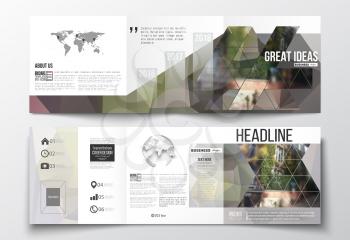 Vector set of tri-fold brochures, square design templates with element of world map and globe. Polygonal background, blurred image, urban landscape, street in Montmartre, Paris cityscape