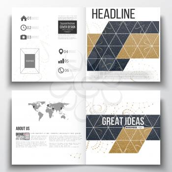 Vector set of square design brochure template. Abstract polygonal low poly backdrop with connecting dots and lines, golden background, connection structure. Digital or science vector