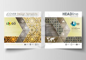 Business templates for square design brochure, magazine, flyer, booklet or annual report. Leaflet cover, abstract flat layout, easy editable blank. Islamic gold pattern, overlapping geometric shapes f