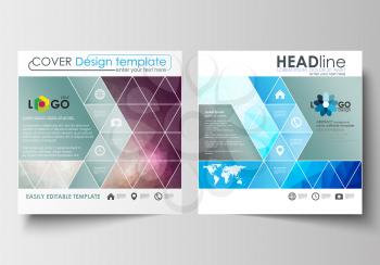 Business templates for square design brochure, magazine, flyer, booklet or annual report. Leaflet cover, abstract flat layout, easy editable blank. Abstract triangles, blue triangular background, mode