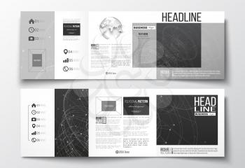 Vector set of tri-fold brochures, square design templates with element of world globe. Molecular construction with connected lines and dots, scientific or digital design pattern on black background.