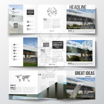 Vector set of tri-fold brochures, square design templates with element of world map and globe. Colorful polygonal background, blurred image, urban scene, modern stylish triangular vector texture.