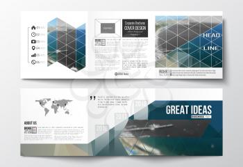 Vector set of tri-fold brochures, square design templates with element of world map. Colorful polygonal backdrop, blurred background, sea landscape, modern triangle vector texture.