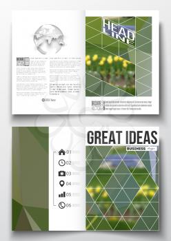 Set of business templates for brochure, magazine, flyer, booklet or annual report. Colorful polygonal floral background, blurred image, yellow flowers on green, modern triangular texture.