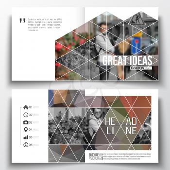 Set of annual report business templates for brochure, magazine, flyer or booklet. Polygonal background, blurred image, urban landscape, cityscape, modern triangular texture.