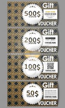 Set of modern gift voucher templates. Islamic gold pattern with overlapping geometric square shapes forming abstract ornament. Vector stylish golden texture on black background.