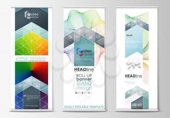 Set of roll up banner stands, geometric flat style templates, business concept, corporate vertical vector flyers, flag layout. Colorful design background with abstract shapes and waves, overlap effect
