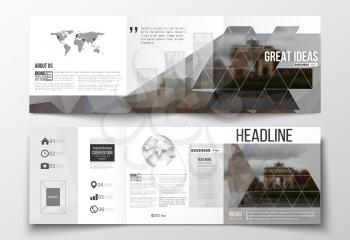 Vector set of tri-fold brochures, square design templates with element of world map and globe. Polygonal background, blurred image, urban landscape, Paris cityscape, modern triangular vector texture