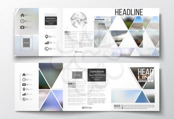 Set of tri-fold brochures, square design templates with element of world globe. Abstract colorful polygonal background, natural landscapes, geometric, triangular style vector illustration