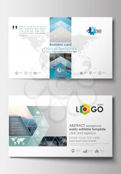 Business card templates. Flat design blue color travel decoration layout, easy editable vector template, colorful blurred natural landscape
