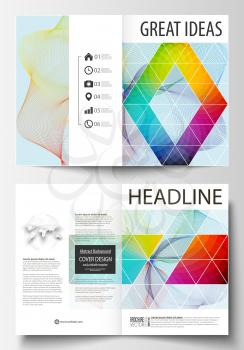 Business templates for bi fold brochure, magazine, flyer. Cover template, easy editable vector, flat layout in A4 size. Colorful design background with abstract shapes and waves, overlap effect
