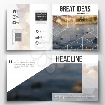 Set of annual report business templates for brochure, magazine, flyer or booklet. Polygonal background, blurred image, urban landscape, cityscape, modern stylish triangular vector texture.