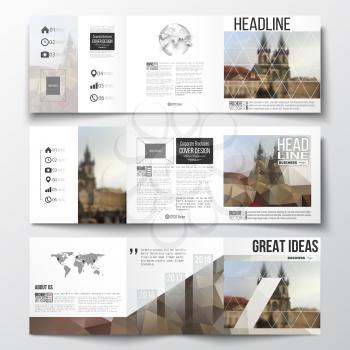 Vector set of tri-fold brochures, square design templates with element of world map and globe. Polygonal background, blurred image, urban landscape, cityscape of Prague, modern triangular texture