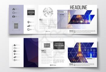 Vector set of tri-fold brochures, square design templates with element of world globe. Dark polygonal background, blurred image, night city landscape, Paris cityscape, modern triangular vector texture