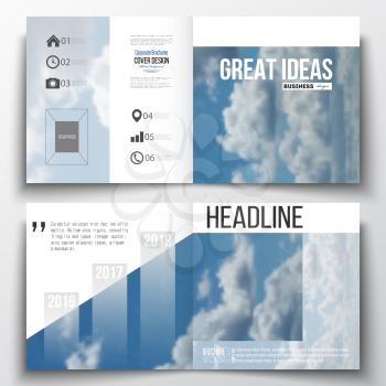 Set of annual report business templates for brochure, magazine, flyer or booklet. Beautiful blue sky, abstract background with white clouds, leaflet cover, business layout, vector.