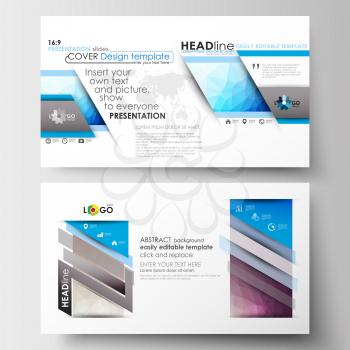 Business templates in HD format for presentation slides. Easy editable abstract layouts in flat design. Abstract triangles, blue triangular background, colorful polygonal pattern.