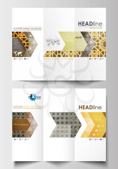 Tri-fold brochure business templates on both sides. Easy editable abstract layout in flat design. Islamic gold pattern, overlapping geometric shapes forming abstract ornament. Vector golden texture.