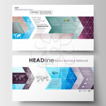 Business templates in HD format for presentation slides. Easy editable abstract layouts in flat design. Abstract triangles, blue triangular background, colorful polygonal pattern