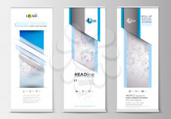 Set of roll up banner stands, flat design templates, abstract geometric style, modern business concept, corporate vertical vector flyers, flag banner layouts. Molecule structure on blue. Science healt