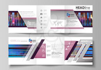 Business templates for tri fold brochures. Square design. Leaflet cover, abstract vector layout. Glitched background made of colorful pixel mosaic. Digital decay, signal error, television fail. Trendy