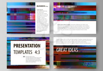 Set of business templates for presentation slides. Easy editable abstract layouts in flat design, vector illustration. Glitched background made of colorful pixel mosaic. Digital decay, signal error, t