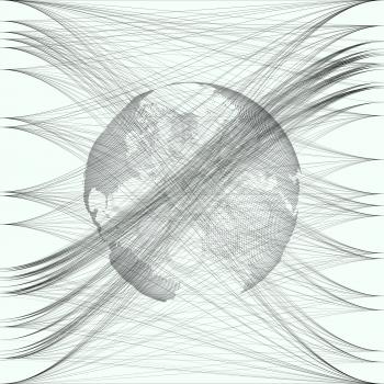 Black color dotted world globe with abstract waves and lines on white background. Motion design. Gray chaotic, random, messy curves, swirl. Vector decoration