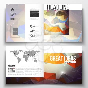 Vector set of square design brochure template. Molecular construction with connected lines and dots, scientific pattern on abstract colorful polygonal background, modern stylish triangle vector textur