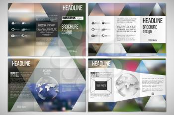 Vector set of tri-fold brochure design template on both sides with world globe element. Abstract multicolored background, blurred nature landscapes, geometric vector, triangular style illustration.