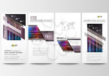Flyers set, modern banners. Business templates. Cover design template, abstract vector layouts. Glitched background made of colorful pixel mosaic. Digital decay, signal error, television fail. Trendy 