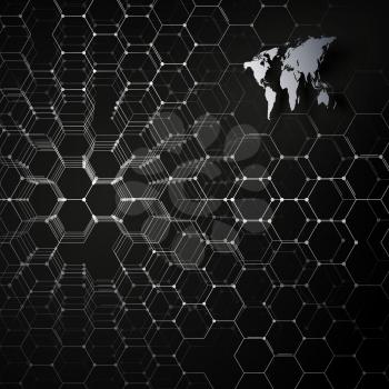 Gray world map, connecting lines and dots on black color background. Chemistry pattern, hexagonal molecule structure, scientific or medical research. Medicine, science, technology concept. Abstract de