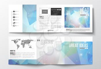 Vector set of tri-fold brochures, square design templates with element of world map. Abstract colorful polygonal background, modern stylish triangle vector texture.