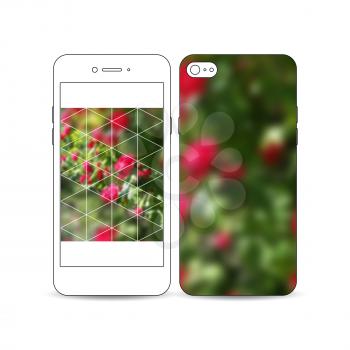 Mobile smartphone with an example of the screen and cover design isolated on white background. Colorful polygonal floral background, blurred image, red flowers on green, modern triangular texture.