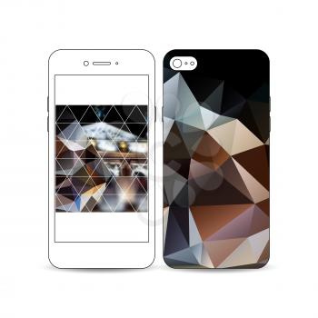 Mobile smartphone with an example of the screen and cover design isolated on white background. Colorful polygonal background, blurred image, night city landscape, modern triangular vector texture.