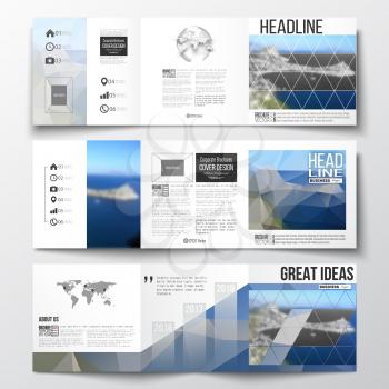 Vector set of tri-fold brochures, square design templates with element of world map and globe. Colorful polygonal backdrop, blurred background, sea landscape, modern triangle vector texture.