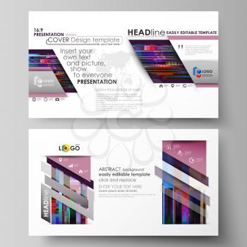 Business templates in HD format for presentation slides. Easy editable abstract layouts in flat design, vector illustration. Glitched background made of colorful pixel mosaic. Digital decay, signal er