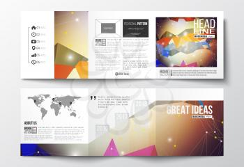 Vector set of tri-fold brochures, square design templates with element of world map. Molecular construction with connected lines and dots, scientific pattern on abstract colorful polygonal background,