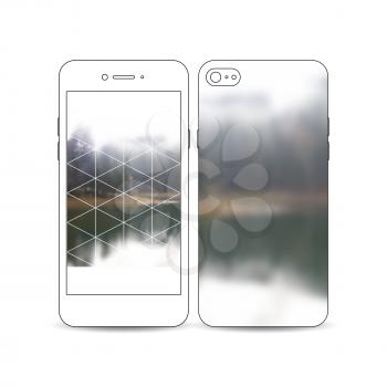 Mobile smartphone with an example of the screen and cover design isolated on white background. Colorful polygonal backdrop, blurred natural background, modern stylish triangle vector texture.