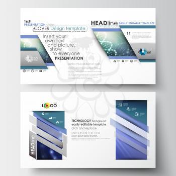 Business templates in HD size for presentation slides. Easy editable abstract layouts in flat design. DNA molecule structure, science background. Scientific research, medical technology.
