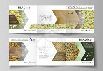 Set of business templates for tri fold brochures. Square design. Leaflet cover, abstract flat layout, easy editable vector. Abstract green color wooden design. Texture with leaves. Spa concept natural