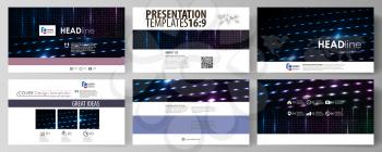 Business templates in HD format for presentation slides. Easy editable abstract vector layouts in flat design. Abstract colorful neon dots, dotted technology background. Glowing particles, led light p
