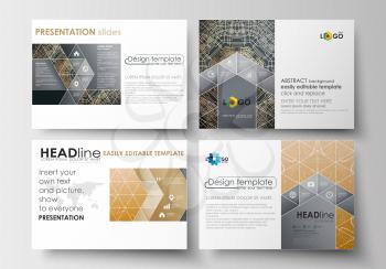 Set of business templates for presentation slides. Easy editable abstract layouts in flat design. Golden technology background, connection structure with connecting dots and lines, science vector