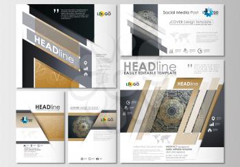 Social media posts set. Business templates. Cover design template, easy editable, abstract flat layouts in popular formats. Golden technology background, connection structure with connecting dots and 